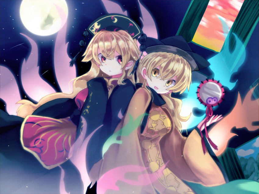 2girls aura bangs belt black_belt black_dress black_headwear black_sleeves blonde_hair blue_sky breasts cape chinese_clothes clouds cloudy_sky crescent detached_sleeves door dress drum energy hair_between_eyes hand_up hat holding ikasoba instrument junko_(touhou) long_sleeves looking_at_another looking_at_viewer matara_okina medium_breasts moon mountain multiple_girls night night_sky open_mouth orange_cape orange_sky orange_sleeves pom_pom_(clothes) red_eyes red_vest sky smile star_(sky) starry_sky sun_symbol sunset touhou vest wide_sleeves yellow_eyes