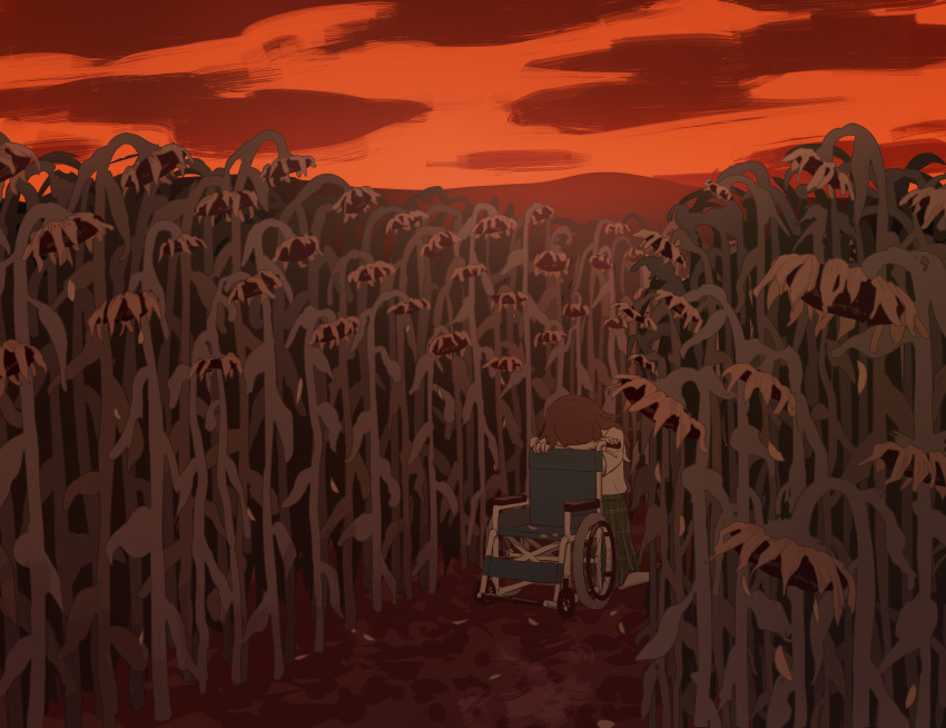 1girl absurdres avogado6 brown_hair commentary_request crying field flower green_skirt highres implied_death kneeling original outdoors red_sky red_theme skirt sky sunflower wheelchair wilted_flower