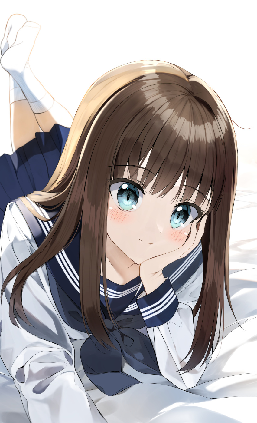 1girl absurdres bangs bed_sheet black_neckwear blue_eyes blue_sailor_collar blue_skirt blush brown_hair closed_mouth commentary_request eyebrows_visible_through_hair hand_up highres long_sleeves looking_at_viewer lying neckerchief no_shoes on_stomach original pentagon_(railgun_ky1206) pleated_skirt sailor_collar shirt skirt smile socks soles solo white_background white_legwear white_shirt