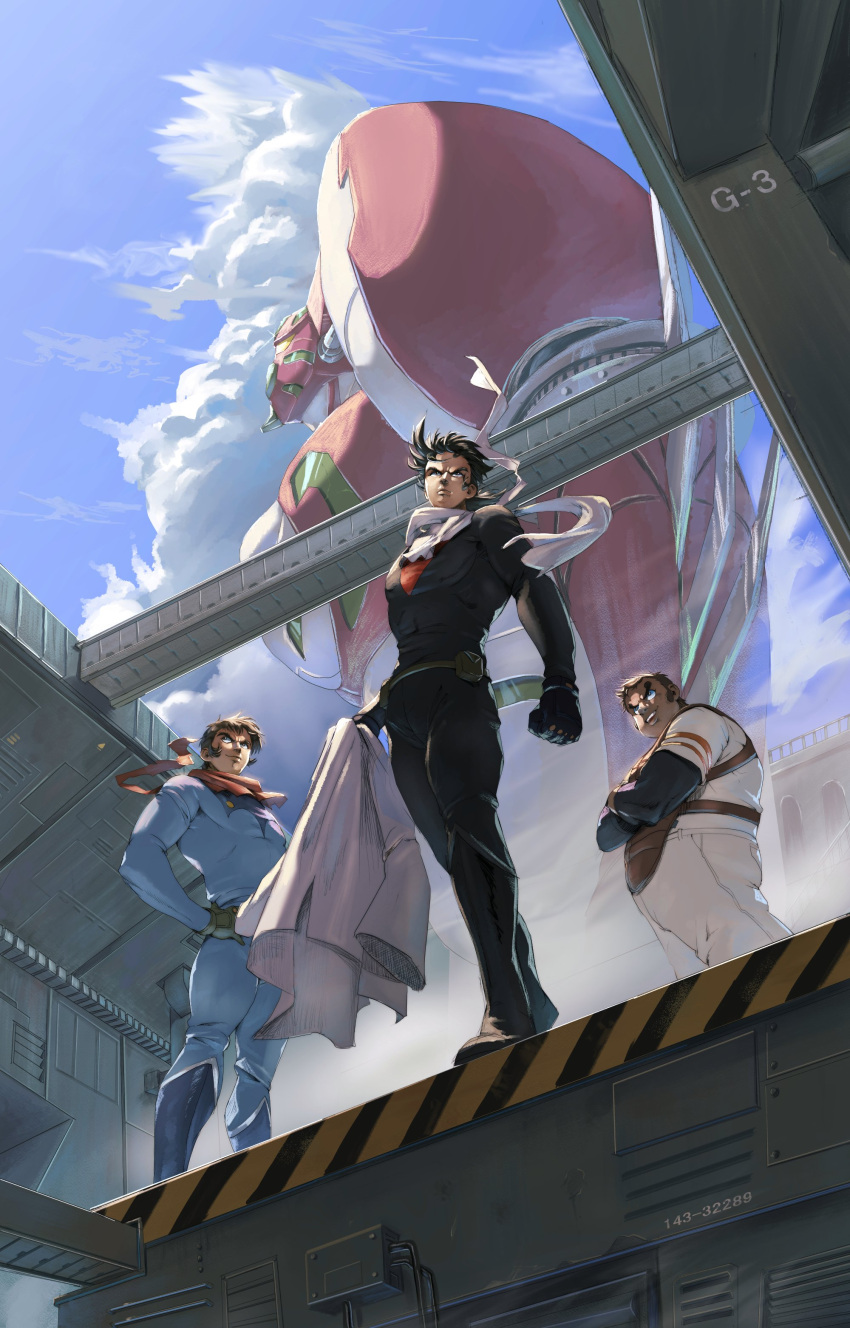 3boys absurdres black_bodysuit black_eyes black_gloves black_hair blue_bodysuit bodysuit character_request crossed_arms fat fat_man getter_robo gloves hair_behind_ear hands_on_hips highres holding holding_clothes holding_jacket jacket looking_to_the_side looking_up male_focus mecha multiple_boys pilot_suit science_fiction shin_getter-1 sideburns smile super_robot v-shaped_eyebrows vldhomecenter white_jacket