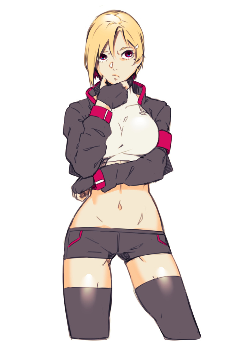 1girl absurdres black_jacket black_legwear black_shorts blonde_hair breasts closed_mouth contrapposto copyright_request cropped_jacket cropped_legs cropped_shirt crossed_arms dyun hair_ornament hairclip highres jacket large_breasts looking_at_viewer mole mole_under_eye navel open_clothes open_jacket red_eyes shirt short_hair short_shorts shorts simple_background solo thigh-highs white_background white_shirt