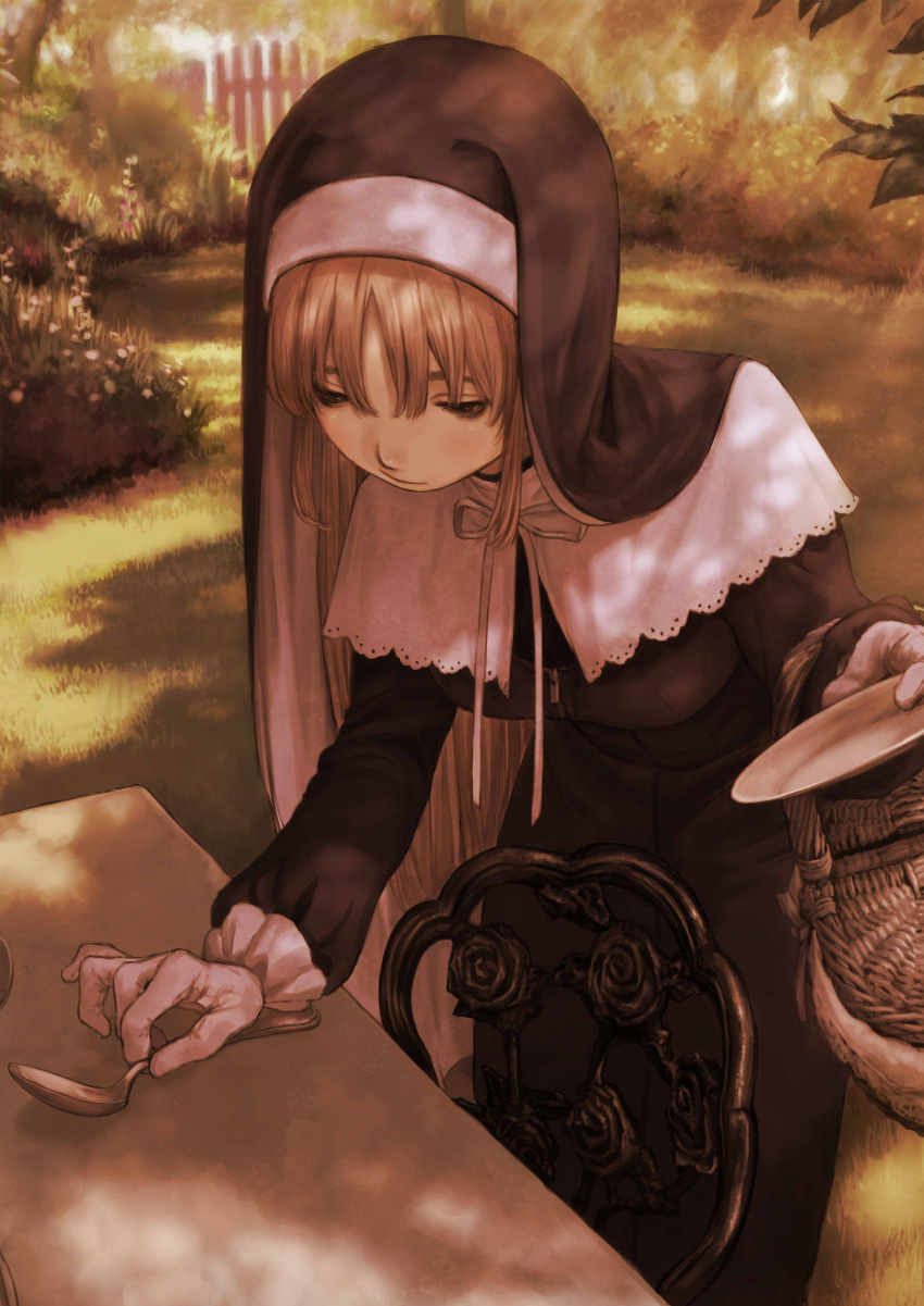 1girl absurdres bangs basket black_eyes blush brown_hair bush carving chair closed_mouth fence flower gate gloves grass habit highres holding holding_plate hotateyuki leaning_forward light_blush light_rays long_hair long_sleeves looking_down nijisanji nun outdoors picnic_basket pink_flower plant plate ribbon sister_cleaire solo spoon standing sunbeam sunlight table tree tree_shade virtual_youtuber white_flower white_gloves white_neckwear white_ribbon