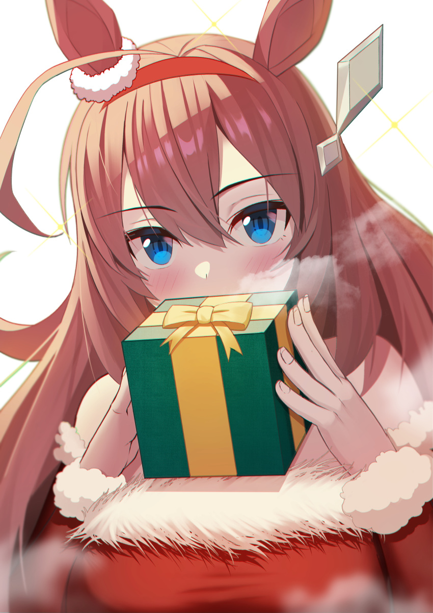 1girl absurdres animal_ears bangs blue_eyes blush breath brown_hair christmas covering_mouth dress fur-trimmed_dress fur-trimmed_sleeves fur_trim gift highres holding horse_ears horse_girl long_hair looking_at_viewer mihono_bourbon_(umamusume) mishiro_(ixtlolton) red_dress santa_costume simple_background solo umamusume upper_body white_background
