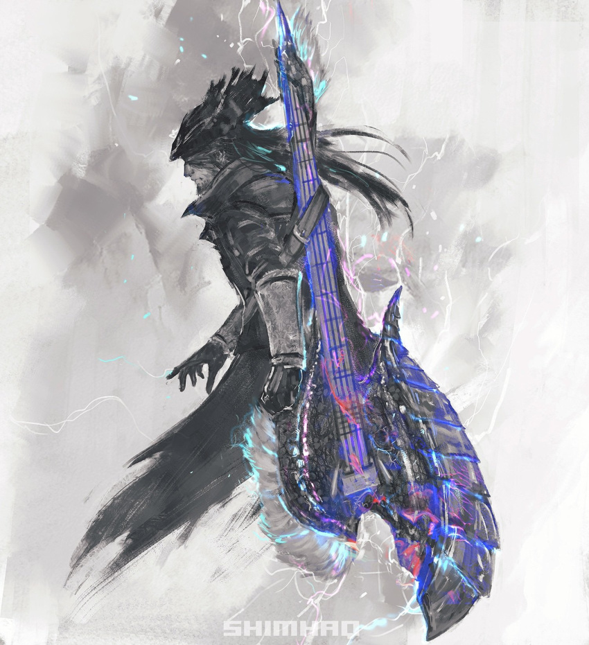 1boy beard bloodborne closed_mouth crossover facial_hair from_side guitar hat highres hunter_(bloodborne) instrument long_hair male_focus monochrome monster_hunter_(series) profile purple_theme shimhaq solo standing weapon weapon_on_back