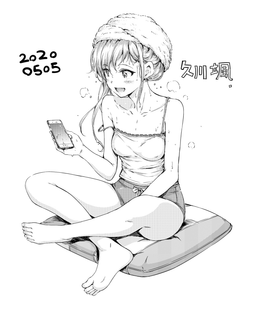 barefoot breasts cellphone covered_nipples cushion earrings fl2nd greyscale highres hisakawa_hayate idolmaster idolmaster_cinderella_girls jewelry long_hair monochrome nail_polish phone shorts smartphone steam tank_top towel towel_on_head wet wet_hair zabuton