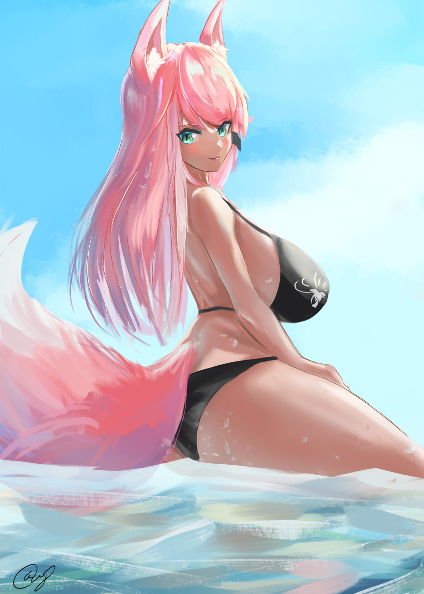 1girl absurdres ago_(owenanaken) animal_ear_fluff animal_ears bikini black_bikini blue_eyes blush borrowed_character breasts clouds from_side hand_on_own_thigh highres large_breasts long_hair looking_down original pink_hair sitting sky smile solo swimsuit tail water