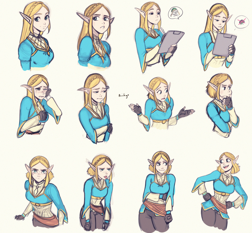 1girl absurdres beige_background black_pants blonde_hair blue_eyes blue_shirt braid clipboard crown_braid crying expressions fingerless_gloves frown gloves hands_on_hips highres holding holding_clipboard leaning_forward long_hair long_pointy_ears looking_at_viewer looking_to_the_side multiple_views mushroom one_eye_closed open_hands open_mouth pants pointy_ears princess_zelda raichiyo33 shirt short_hair sketch skull_and_crossbones smile speech_bubble the_legend_of_zelda the_legend_of_zelda:_breath_of_the_wild the_legend_of_zelda:_breath_of_the_wild_2 thinking tongue tongue_out upper_body