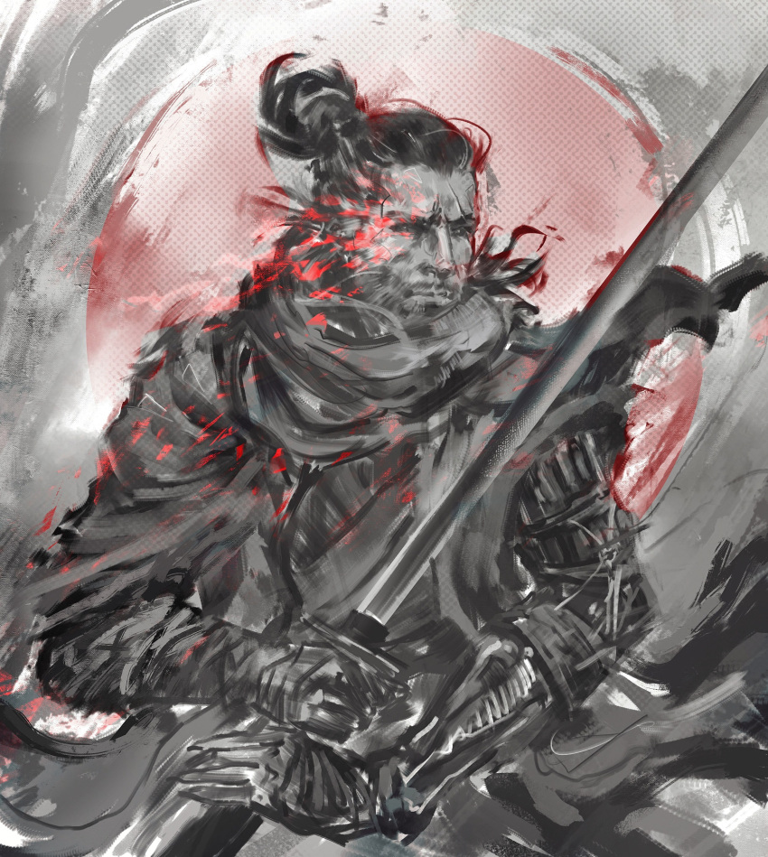1boy absurdres beard closed_mouth facial_hair hair_bun highres holding holding_sword holding_weapon katana looking_at_viewer male_focus monochrome prosthesis prosthetic_arm red_theme scarf sekiro sekiro:_shadows_die_twice shimhaq solo sword weapon