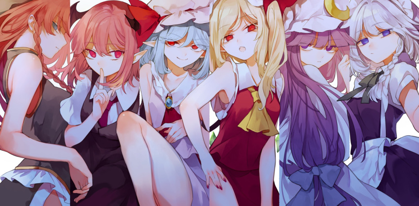 6+girls \||/ blonde_hair blue_eyes braid closed_mouth commentary_request crescent crescent_hat_ornament expressionless feet_out_of_frame flandre_scarlet hair_intakes hat hat_ornament head_wings highres hong_meiling izayoi_sakuya koakuma long_hair mob_cap multiple_girls one_side_up patchouli_knowledge pointy_ears profile purple_hair red_eyes remilia_scarlet risui_(suzu_rks) side_braids sideways_glance the_embodiment_of_scarlet_devil touhou twin_braids violet_eyes white_background white_headwear