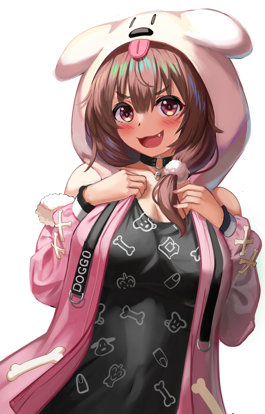 1girl :3 :d absurdres animal_hood b-pang bangs black_choker black_shirt blush breasts brown_hair choker commentary eyebrows_visible_through_hair fang hair_between_eyes hands_up highres hololive hood hood_up hooded_jacket inugami_korone jacket large_breasts long_hair long_sleeves looking_at_viewer nail_polish official_alternate_costume open_clothes open_jacket open_mouth pink_jacket pink_nails print_shirt red_eyes shirt simple_background smile solo upper_body virtual_youtuber white_background