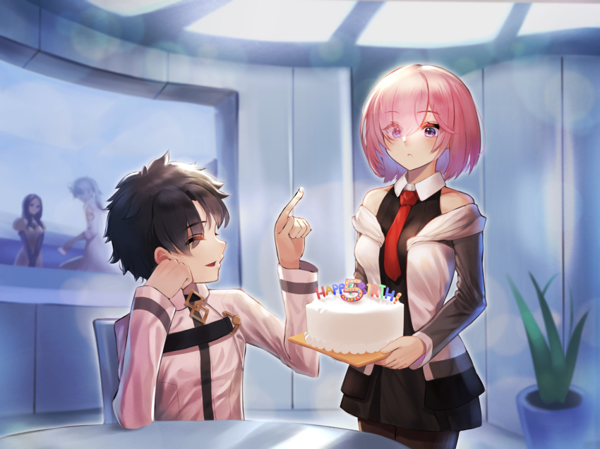 2boys 2girls :d absurdres bare_shoulders birthday_cake black_dress blush brown_legwear cake character_request closed_mouth commentary dress english_commentary eyebrows_visible_through_hair fate/grand_order fate_(series) food fujimaru_ritsuka_(male) happy_birthday head_rest highres holding holding_cake holding_food jacket long_sleeves lordol mash_kyrielight medium_hair multiple_boys multiple_girls off_shoulder open_clothes open_jacket open_mouth pantyhose pink_eyes pink_hair short_dress smile white_jacket