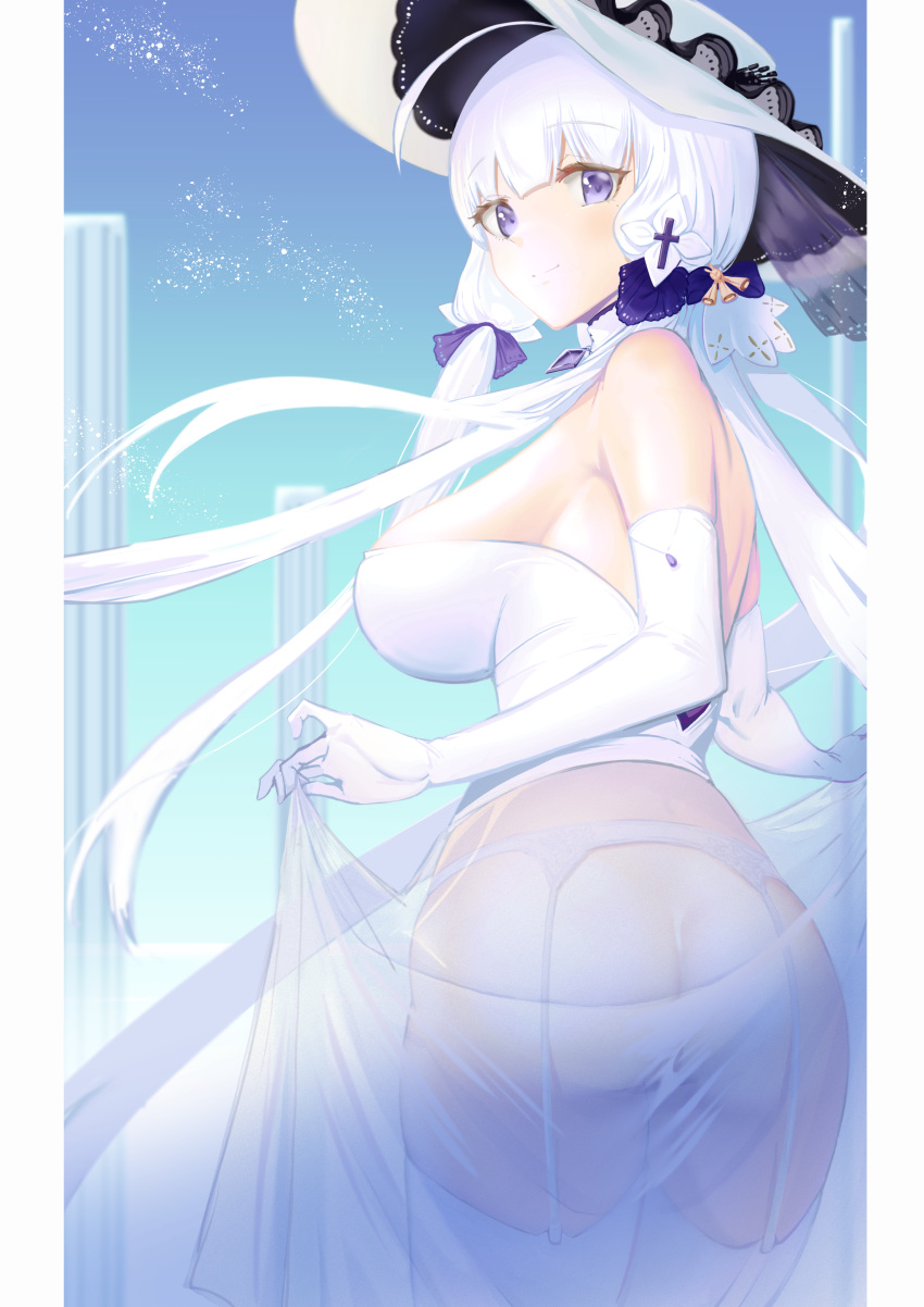 1girl absurdres ass azur_lane back bangs bare_shoulders blue_sky breasts closed_mouth clothes_lift crossed_bangs dress dress_lift elbow_gloves eyebrows_visible_through_hair feet_out_of_frame garter_belt garter_straps gloves highres illustrious_(azur_lane) large_breasts long_hair looking_at_viewer sankyo_(821-scoville) see-through_dress sideboob simple_background sky smile solo standing thigh-highs violet_eyes white_dress white_gloves white_hair white_headwear white_legwear
