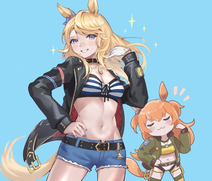 2girls :3 =_= absurdres animal_ears bandeau belt black_choker black_jacket blonde_hair blue_eyes blue_shorts bow breasts choker cowboy_shot crop_top cutoffs denim denim_shorts gloves gold_city_(umamusume) grin hair_bow hand_on_hip hand_up highres horse_ears jacket joeychen long_hair long_sleeves looking_at_viewer mayano_top_gun_(umamusume) medium_breasts midriff multiple_girls nail_polish navel open_clothes open_jacket orange_hair short_shorts shorts single_glove smile standing stomach strapless striped tubetop twintails two_side_up umamusume white_gloves