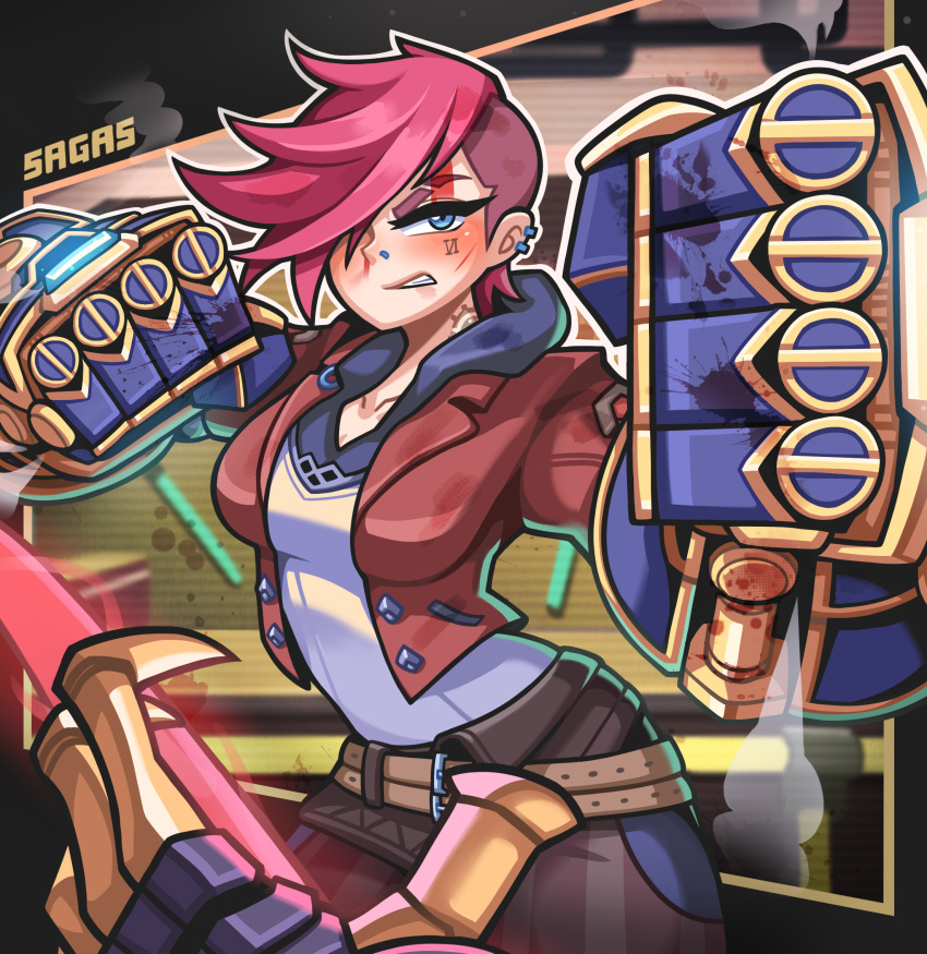 1girl arcane:_league_of_legends arms_up artist_name blue_eyes blush breasts brown_jacket cowboy_shot earrings highres jacket jewelry league_of_legends looking_at_viewer medium_breasts parted_lips pink_hair sagas293 shadow shirt shirt_tucked_in short_hair solo vi_(league_of_legends) white_shirt