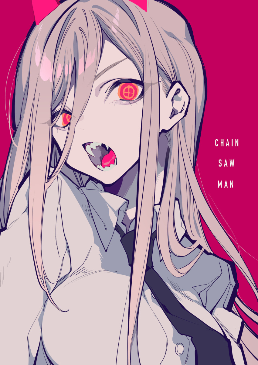 +_+ 1girl absurdres black_neckwear breasts chainsaw_man collared_shirt commentary_request copyright_name demon_girl demon_horns hair_between_eyes highres horns long_hair looking_at_viewer medium_breasts mochizuki_kei necktie open_mouth pink_background pink_hair power_(chainsaw_man) red_eyes sharp_teeth shirt simple_background solo teeth upper_body white_shirt
