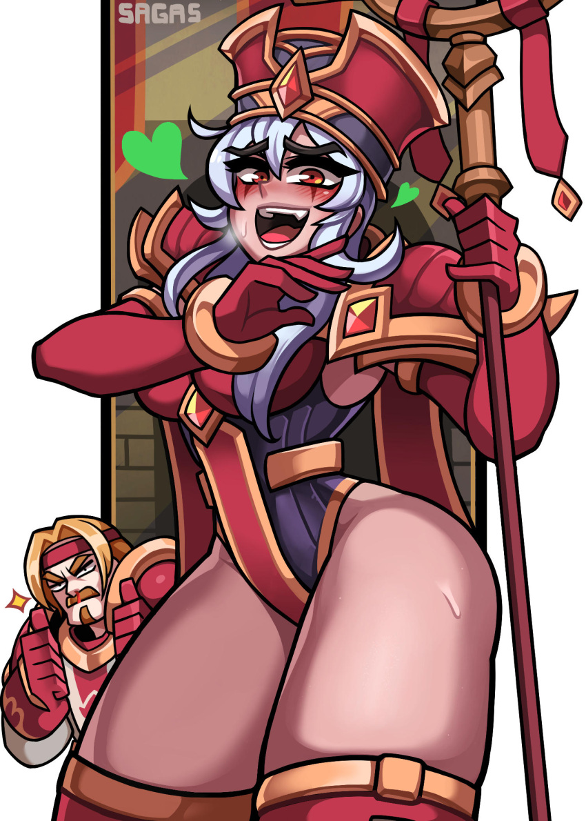1boy 1girl armor blonde_hair blush breasts facial_hair facial_mark goatee hat heart heroes_of_the_storm highres large_breasts laughing leotard ojou-sama_pose pauldrons red_eyes renault_mograine sagas293 sally_whitemane shoulder_armor solo_focus staff sweatdrop thigh-highs thumbs_up warcraft white_hair world_of_warcraft