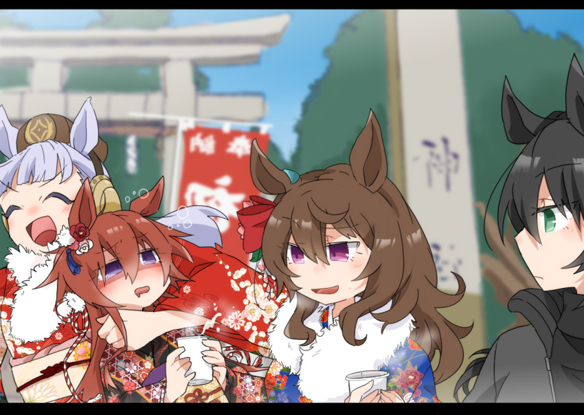 4girls amazake_(drink) animal_ears bangs beer_hsk black_hair blunt_bangs blurry blurry_background bow closed_eyes ear_ornament eyebrows_visible_through_hair floral_print fur_trim gold_ship_(umamusume) green_eyes hatsumoude horse_ears horse_girl japanese_clothes kimono kin'iro_ryotei_(umamusume) long_hair multiple_girls nakayama_festa_(umamusume) new_year orfevre_(umamusume) pillarboxed pillbox_hat red_bow red_headwear red_kimono silver_hair torii umamusume violet_eyes wavy_hair