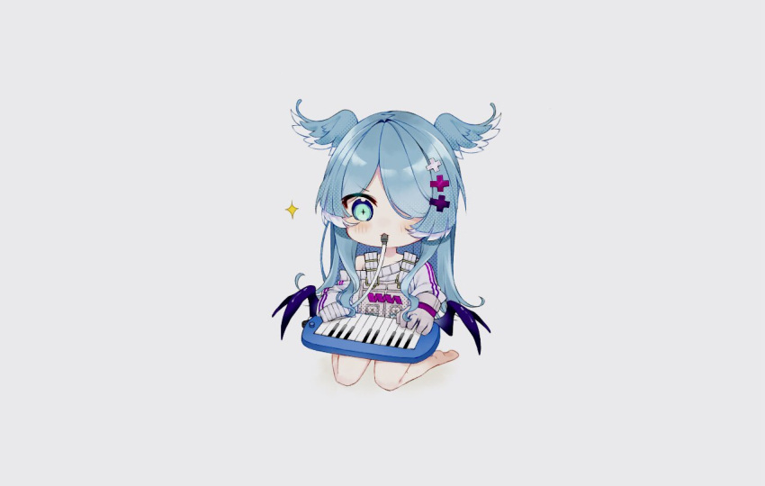 +_+ 1boy acorn_(lakebiwabiwa) animal_ears bangs barefoot blue_eyes blue_hair chibi dragon_ears dragon_girl elira_pendora english_commentary gloves grey_gloves grey_overalls hair_behind_ear instrument keyboard_(instrument) looking_down low_wings music nijisanji nijisanji_en off_shoulder one_eye_covered overall_shorts overalls playing_instrument single_glove sleeves_past_fingers sleeves_past_wrists soles solo sparkle sweater virtual_youtuber white_sweater wings