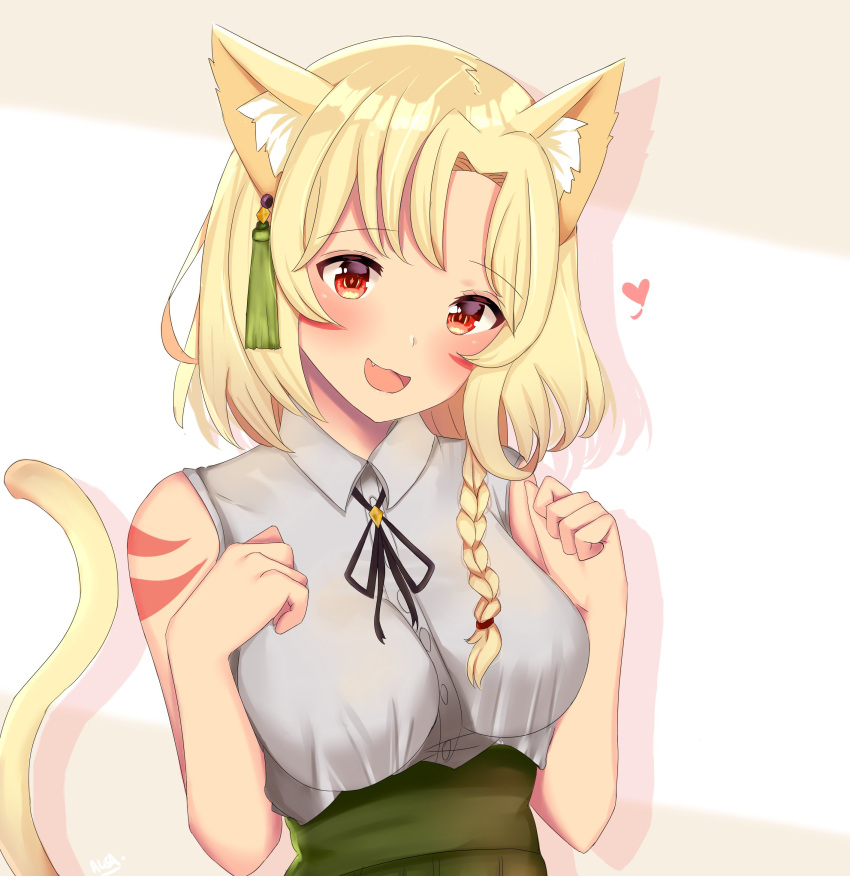 1girl absurdres animal_ear_fluff animal_ears bangs brown_eyes cat_ears cat_girl cat_tail clenched_hands english_commentary fang green_skirt grey_shirt heart highres indie_virtual_youtuber kitanya_nyanta open_mouth shirt shirt_tucked_in short_hair skirt sleeveless sleeveless_shirt smile solo tail virtual_youtuber xxalisa