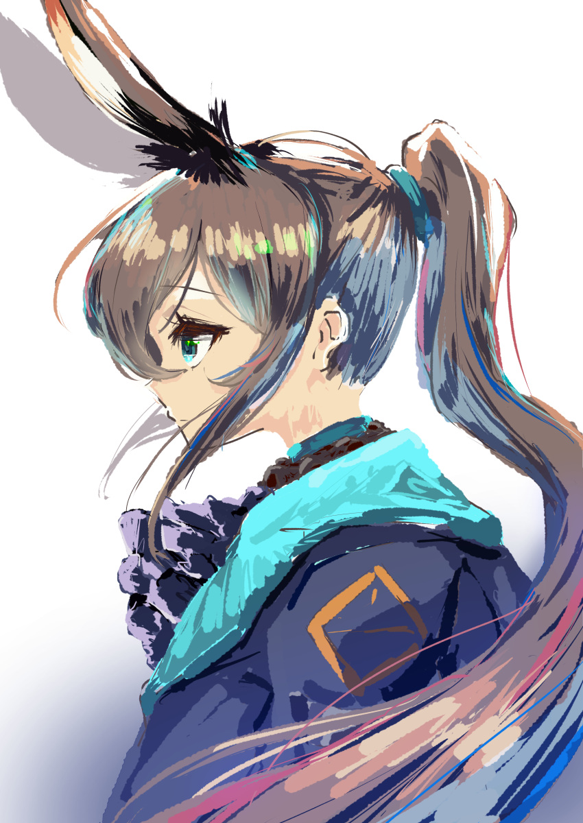 1girl absurdres amiya_(arknights) animal_ears arknights ascot bangs blue_eyes blue_jacket brown_hair closed_mouth commentary_request expressionless eyebrows_visible_through_hair frilled_ascot frills from_side highres jacket long_hair looking_away ponytail profile purple_neckwear rabbit_ears san_(sayazaki) sidelocks simple_background solo upper_body white_background