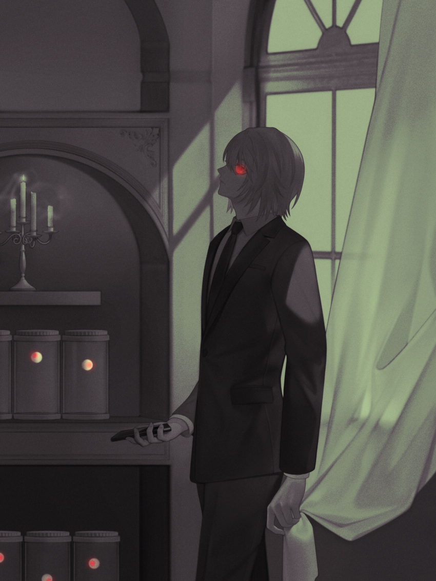 1boy absurdres bei1997 black_suit blonde_hair curtains eyeball formal from_side glowing glowing_eye highres holding holding_phone hunter_x_hunter kurapika looking_at_viewer male_focus necktie phone red_eyes short_hair solo wind window