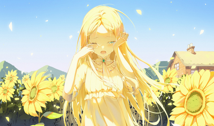 1girl absurdres bangs blonde_hair blue_eyes blush colored_skin crying crying_with_eyes_open day dress field flower flower_field frilled_shirt_collar frills highres house long_hair one_eye_closed open_mouth original outdoors parted_bangs petals short_sleeves sky solo standing starlan sunflower tears upper_body very_long_hair wiping_tears yellow_dress yellow_flower yellow_skin yellow_theme