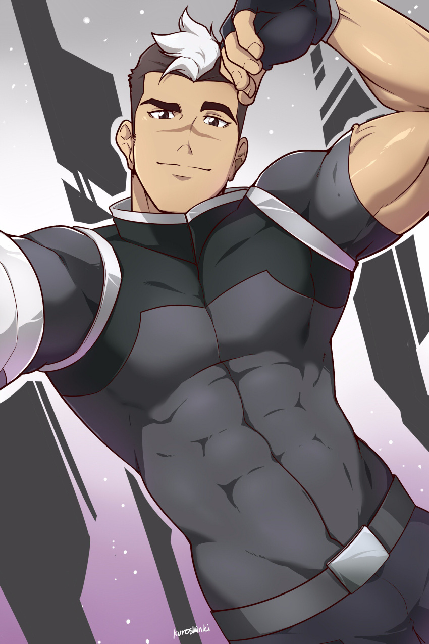 1boy absurdres black_gloves black_hair bodysuit fingerless_gloves gloves highres hyakujuu-ou_golion kuroshinki looking_at_viewer male_focus multicolored_hair muscular muscular_male pectorals scar short_hair skin_tight smile solo two-tone_hair upper_body voltron:_legendary_defender white_hair