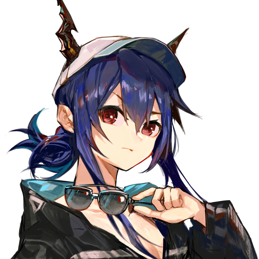 1girl arknights bangs baseball_cap black_jacket blue_hair ch'en_(arknights) ch'en_the_holungday_(arknights) clay_(clayjun) commentary_request dragon_horns hair_between_eyes hat highres holding holding_eyewear horns horns_through_headwear jacket long_hair looking_at_viewer red_eyes simple_background solo sunglasses upper_body white_background