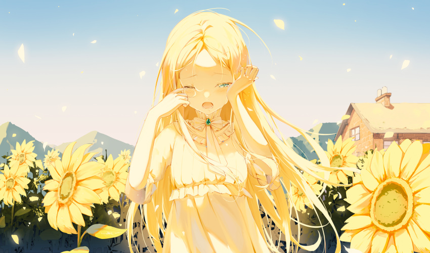 1girl absurdres bangs blonde_hair blue_eyes blush colored_skin crying crying_with_eyes_open day dress field flower flower_field frilled_shirt_collar frills highres house long_hair one_eye_closed open_mouth original outdoors parted_bangs petals short_sleeves sky solo standing starlan sunflower tears upper_body very_long_hair wiping_tears yellow_dress yellow_flower yellow_skin yellow_theme