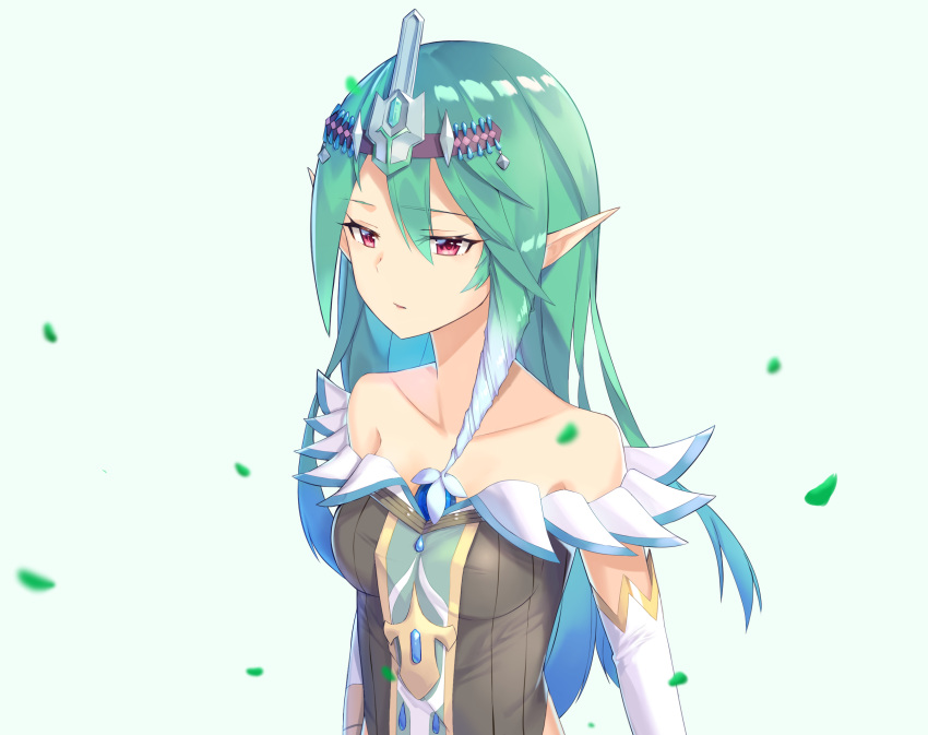 1girl bare_shoulders blue_hair breasts brown_dress closed_mouth crusadia_arboria detached_sleeves diadem dress duel_monster gradient_hair green_hair hair_between_eyes highres long_hair lordol medium_breasts multicolored_hair off-shoulder_dress off_shoulder pointy_ears red_eyes simple_background solo white_background yu-gi-oh!