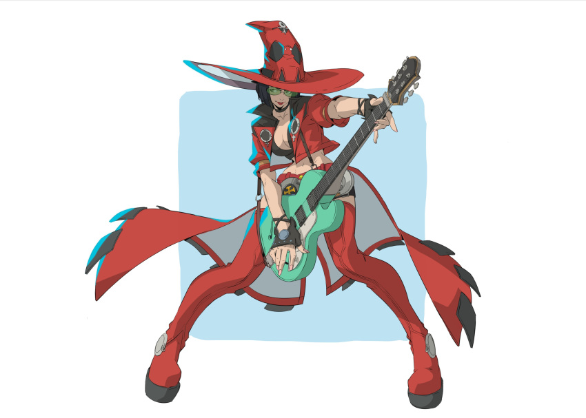 1girl absurdres arc_system_works belt black_hair boots electric_guitar guilty_gear guilty_gear_strive guitar hat highres i-no instrument jacket nexzerker red_headwear red_jacket short_hair showgirl_skirt sunglasses thigh-highs thigh_boots venus_symbol witch_hat