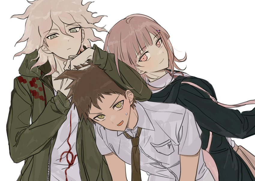 1girl 2boys ahoge back-to-back bangs black_jacket breast_pocket brown_hair brown_neckwear brown_skirt collarbone dangan_ronpa_(series) dangan_ronpa_2:_goodbye_despair eyebrows_visible_through_hair frown grey_eyes grey_hair grey_shirt hair_between_eyes hair_ornament hairclip hands_up hinata_hajime hood hood_down hooded_jacket jacket komaeda_nagito long_sleeves looking_at_viewer multiple_boys nanami_chiaki necktie pink_eyes pink_neckwear pocket print_shirt ribbon shirt short_hair simple_background skirt smile spaceship_hair_ornament vo1ez white_background