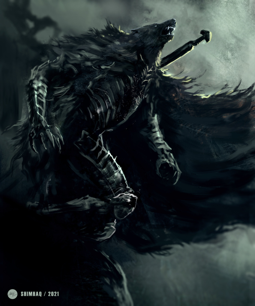 1boy absurdres armor cape character_request commentary english_commentary full_armor furry highres male_focus open_mouth shimhaq solo standing weapon weapon_on_back werewolf