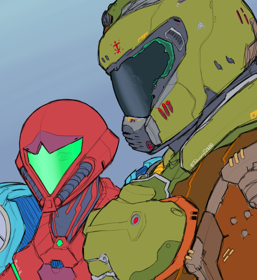 1boy 1girl armor artist_request breasts crossover doom_(game) doom_(series) doomguy gloves helmet highres looking_at_viewer metroid metroid_dread parody power_suit praetor_suit samus_aran simple_background varia_suit