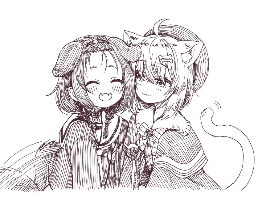 2girls :3 afterimage ahoge animal_collar animal_ears ascot beret bone_hair_ornament braid capelet cat_ears cat_girl cat_tail closed_eyes collar commentary_request cosplay costume_switch dog_ears dog_girl dog_tail fangs hair_ornament hairband hat hatching_(texture) highres hololive inugami_korone inugami_korone_(cosplay) low_twin_braids monochrome motion_lines multiple_girls nekomata_okayu nekomata_okayu_(cosplay) open_mouth sabaku_chitai sailor_collar smile tail twin_braids