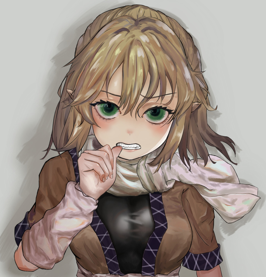 1girl absurdres arm_warmers bangs biting black_shirt blonde_hair blush breasts brown_jacket clenched_teeth commentary_request green_eyes half_updo highres jacket layered_clothing looking_at_viewer medium_breasts medium_hair mizuhashi_parsee multicolored multicolored_clothes multicolored_jacket piece_of_silver pointy_ears scarf shirt short_sleeves solo teeth thumb_biting touhou upper_body white_scarf