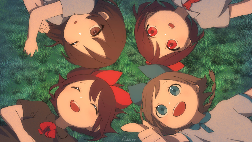 4girls artist_name blue_bow blue_eyes bow bowtie braid brown_eyes brown_hair closed_eyes collared_shirt commentary_request dress fullc8 grass hair_bow haru_(yomawari) highres lying multiple_girls necktie on_back one_eye_closed open_mouth pointing protagonist's_sister_(yomawari) protagonist_(yomawari) red_bow red_eyes red_neckwear shirt short_hair smile upper_body yomawari yomawari:_midnight_shadows yomawari:_night_alone yui_(yomawari)