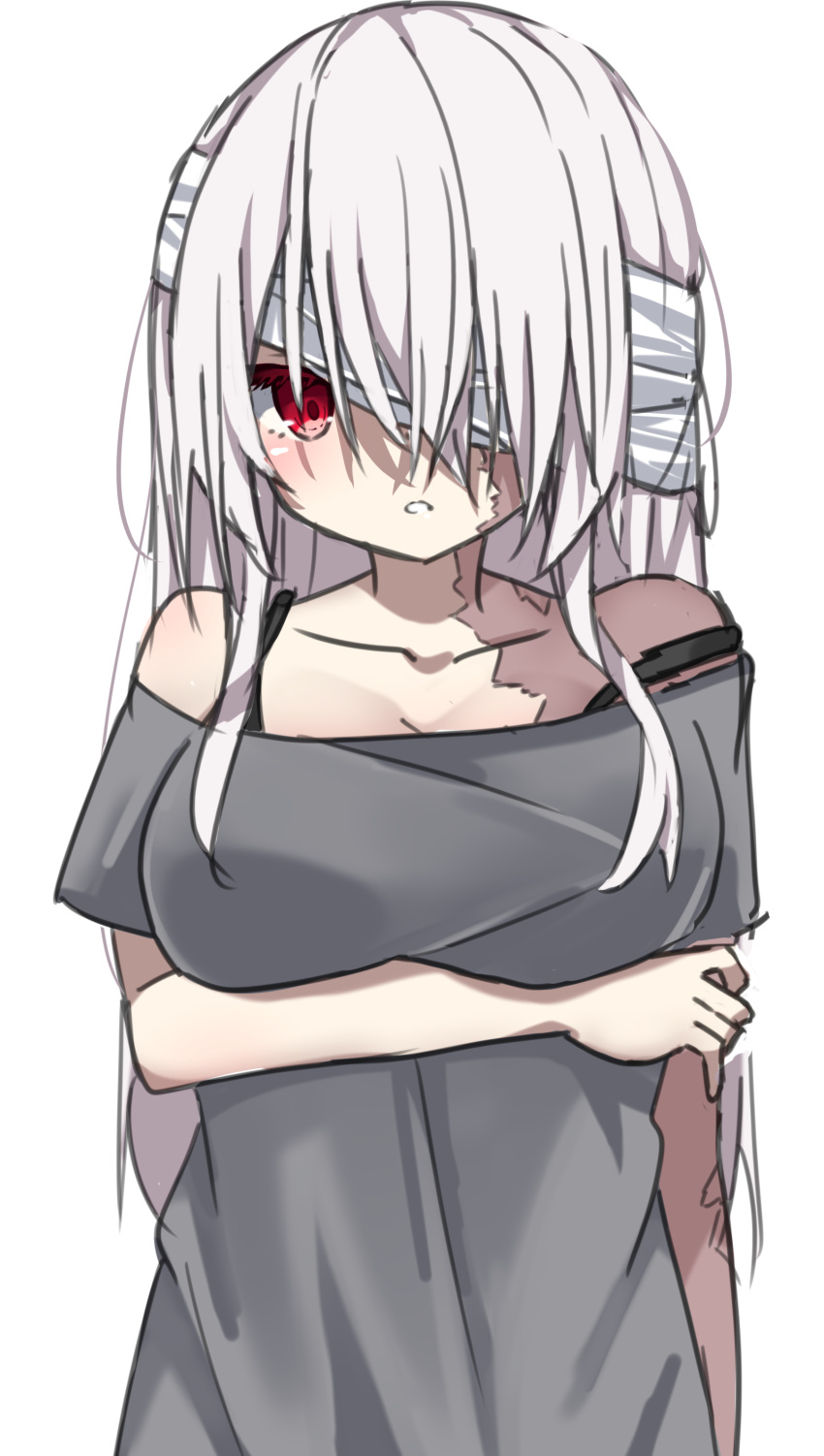 1girl absurdres bandage_over_one_eye bandaged_head bandages bare_shoulders breasts burn_scar grey_shirt highres large_breasts long_hair original red_eyes scar shiren_(utumu) shirt short_sleeves strap_slip white_hair