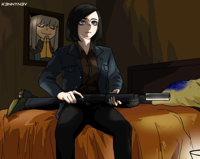 2girls anton_chigurh_(no_country_for_old_men) artist_name bangs bed black_hair black_jacket black_legwear blue_eyes bob_cut brown_shirt buttons closed_eyes closed_mouth feet_out_of_frame finger_on_trigger genderswap genderswap_(mtf) gloves grey_hair gun hands_together highres holding holding_gun holding_weapon indoors jacket k3nnyn3v long_sleeves medium_hair multiple_girls no_country_for_old_men ofelia_(gogalking) on_bed open_clothes open_jacket photo-referenced picture_(object) pocket shadow shirt shoes shotgun sidelighting sitting solo_focus straight_hair suppressor weapon wing_collar yellow_gloves