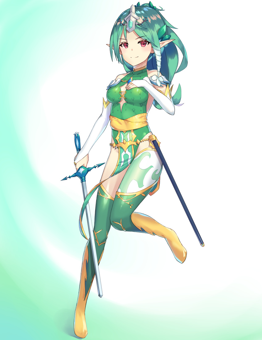 1girl absurdres breasts closed_mouth crusadia_arboria detached_sleeves green_hair green_legwear green_leotard hand_on_own_chest headpiece highres holding holding_sword holding_weapon leotard long_hair long_sleeves looking_at_viewer lordol medium_breasts pelvic_curtain ponytail red_eyes scabbard sheath smile solo sword thigh-highs unsheathed weapon yu-gi-oh!