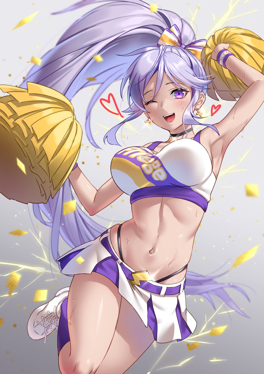 1girl absurdres armpits belly breasts cheerleader commission commissioner_upload electricity fire_emblem fire_emblem:_genealogy_of_the_holy_war fire_emblem_heroes hair_ornament heart highres holding iria_(yumeirokingyo) ishtar_(fire_emblem) jewelry long_hair looking_at_viewer midriff open_mouth pom_pom_(cheerleading) purple_hair simple_background skirt smile solo violet_eyes
