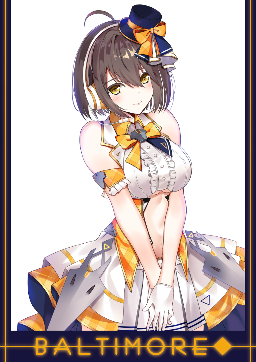 1girl ahoge arm_strap azur_lane baltimore_(azur_lane) baltimore_(muse)_(azur_lane) bangs bare_shoulders blue_headwear blush bow braid breasts brown_hair center_frills center_opening character_name closed_mouth clothing_cutout collared_shirt commentary_request cowboy_shot eyebrows_behind_hair french_braid frills gloves hair_between_eyes hat headset heart_belt heart_buckle highres idol irohasu_(mmgn7434) large_breasts layered_skirt looking_at_viewer mini_hat mini_top_hat miniskirt navel orange_bow orange_vest pleated_skirt shirt short_hair showgirl_skirt sidelocks simple_background skirt sleeveless sleeveless_shirt smile solo standing stomach stomach_cutout top_hat under_boob underboob_cutout v_arms vest white_background white_gloves white_shirt white_skirt yellow_eyes