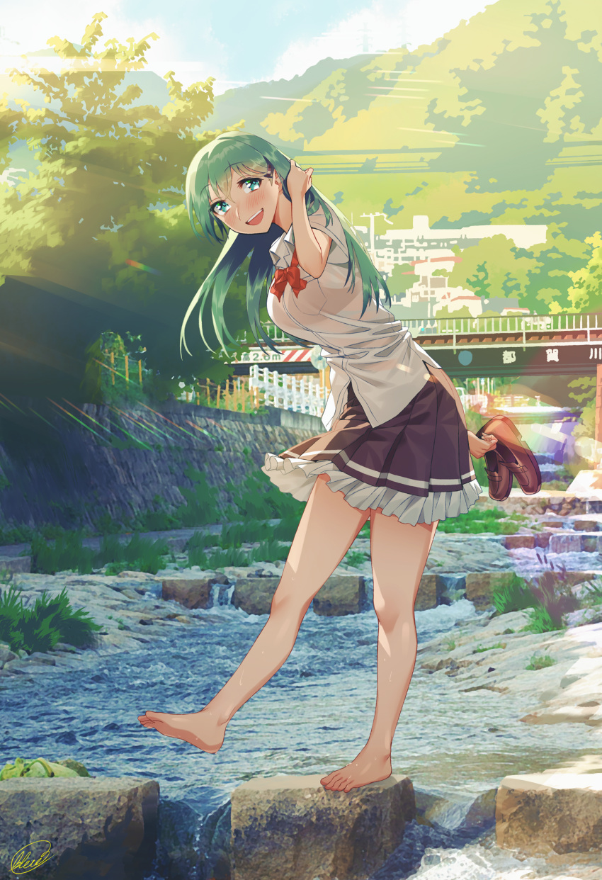 1girl bare_shoulders blew_andwhite blouse blush brown_footwear brown_skirt eyebrows_visible_through_hair green_eyes green_hair hair_between_eyes hair_ornament hairclip highres holding holding_clothes holding_footwear kantai_collection long_hair neck_ribbon open_mouth pleated_skirt red_ribbon remodel_(kantai_collection) ribbon shoes short_sleeves skirt smile solo suzuya_(kancolle) white_blouse