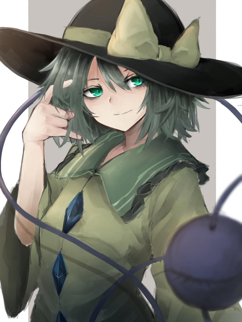 1girl absurdres bangs black_headwear blouse bow closed_mouth collar crystal eyes_visible_through_hair green_collar green_eyes green_hair grey_background hair_between_eyes hand_up hat hat_bow highres hisha_(kan_moko) komeiji_koishi long_sleeves looking_to_the_side looking_up short_hair simple_background smile solo third_eye touhou white_background wide_sleeves yellow_blouse yellow_bow yellow_sleeves