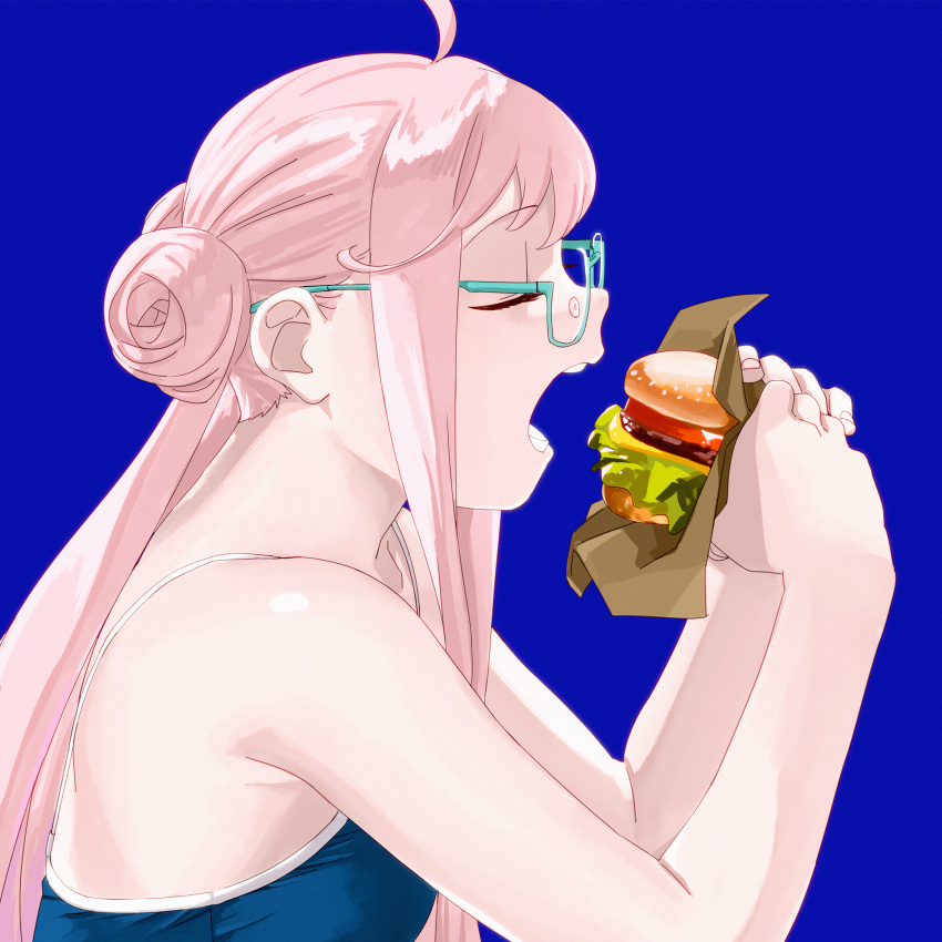 1girl ahoge blue-framed_eyewear blue_background blue_swimsuit burger closed_eyes competition_school_swimsuit double_bun eating food glasses highres huge_filesize kantai_collection makigumo_(kancolle) ojipon open_mouth pink_hair school_swimsuit solo swimsuit teeth twintails upper_body yellow_eyes
