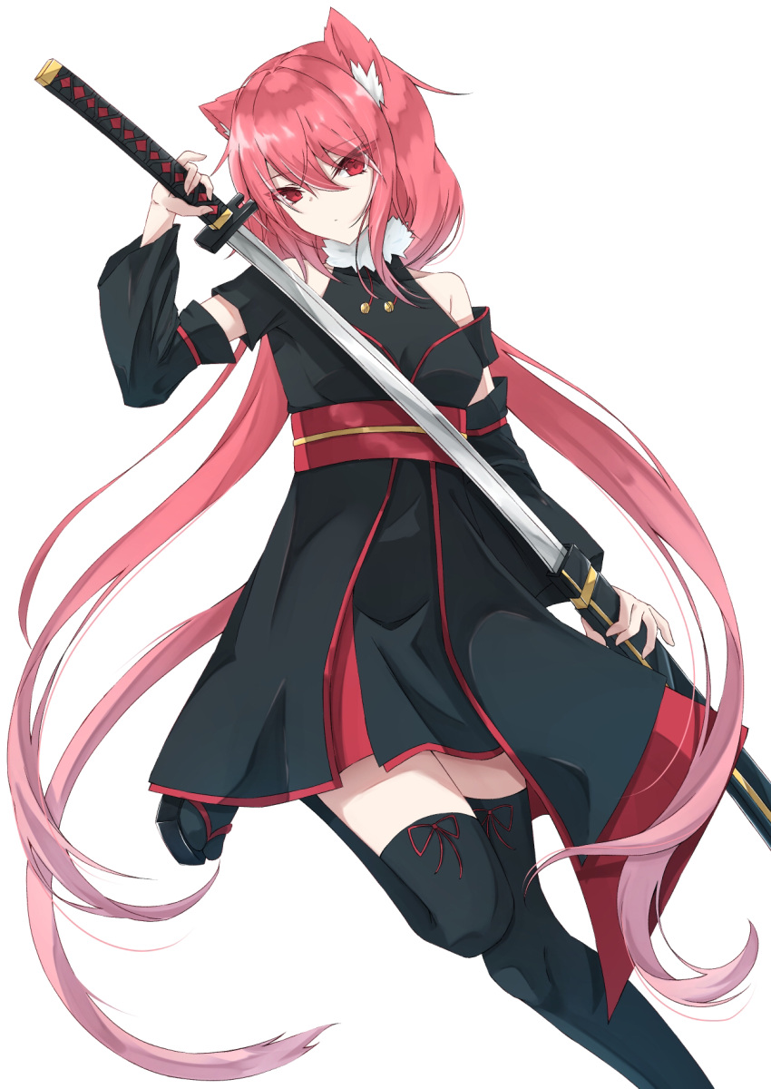 1girl animal_ear_fluff animal_ears bangs bare_shoulders black_dress black_legwear commentary_request commission detached_sleeves dress eyebrows_visible_through_hair fox_ears fox_girl hair_between_eyes highres holding holding_sheath holding_sword holding_weapon katana leg_up long_hair looking_at_viewer original pink_hair red_eyes sheath sidelocks simple_background skeb_commission solo sumishi_(sumisi_3) sword tabi thigh-highs unsheathing weapon white_background zouri