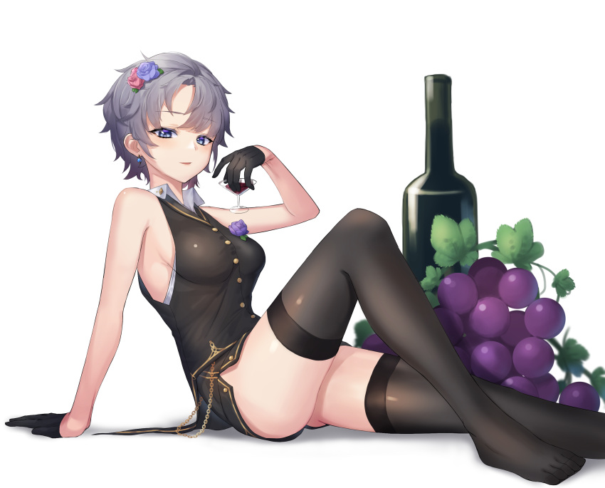 1girl arm_support black_legwear black_shorts black_vest bottle breasts cocktail_glass cup drinking_glass earrings flower food from_side fruit gloves grapes grey_hair hair_flower hair_ornament half_gloves highres holding jewelry looking_at_viewer looking_to_the_side lordol medium_breasts micro_shorts minigirl no_shoes original parted_lips pink_flower purple_flower shirt short_hair shorts sideboob simple_background sleeveless sleeveless_shirt smile solo thigh-highs vest white_background white_shirt wine_bottle