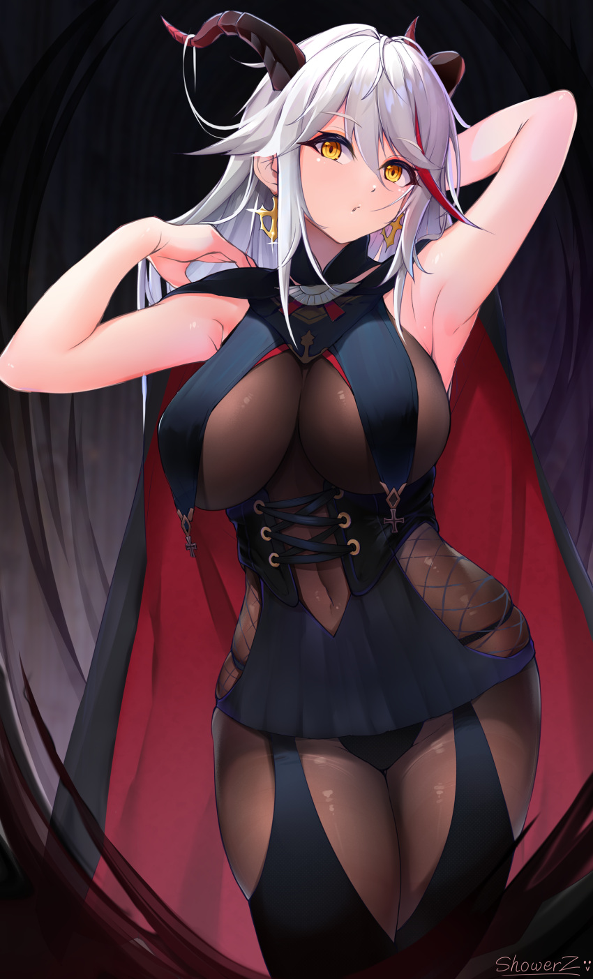 1girl absurdres aegir_(azur_lane) artist_name azur_lane bare_shoulders black_cape black_dress black_legwear bodystocking breast_curtains breasts cape cross cross_earrings demon_horns dress earrings hair_on_horn highres horns iron_cross jewelry large_breasts long_hair looking_at_viewer microdress multicolored_hair redhead revealing_clothes showerz skin_tight solo streaked_hair two-tone_hair white_hair yellow_eyes