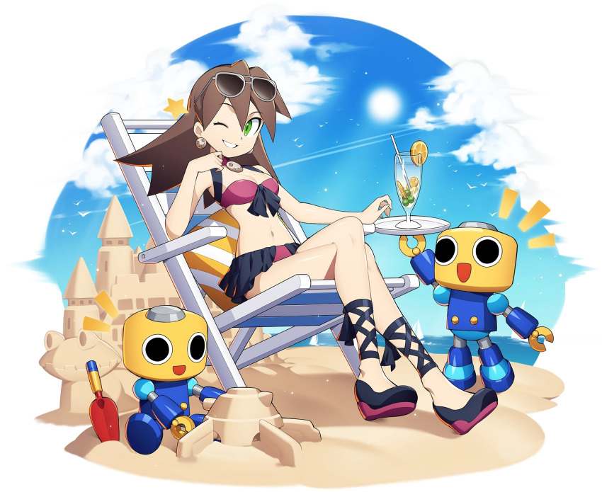 1girl bangs bare_shoulders beach beach_chair bikini blue_sky breasts brown_hair clouds cloudy_sky crossed_legs cup drinking_straw earrings eyewear_on_head food fruit full_body green_eyes highres holding jewelry lemon lemon_slice medium_breasts mega_man_(series) mega_man_legends mizuno_keisuke navel non-web_source ocean official_art one_eye_closed parted_lips rockman_x_dive sand_castle sand_sculpture sandals servbot_(mega_man) sitting skull_earrings sky smile stomach sunglasses swimsuit tray tron_bonne_(mega_man) water