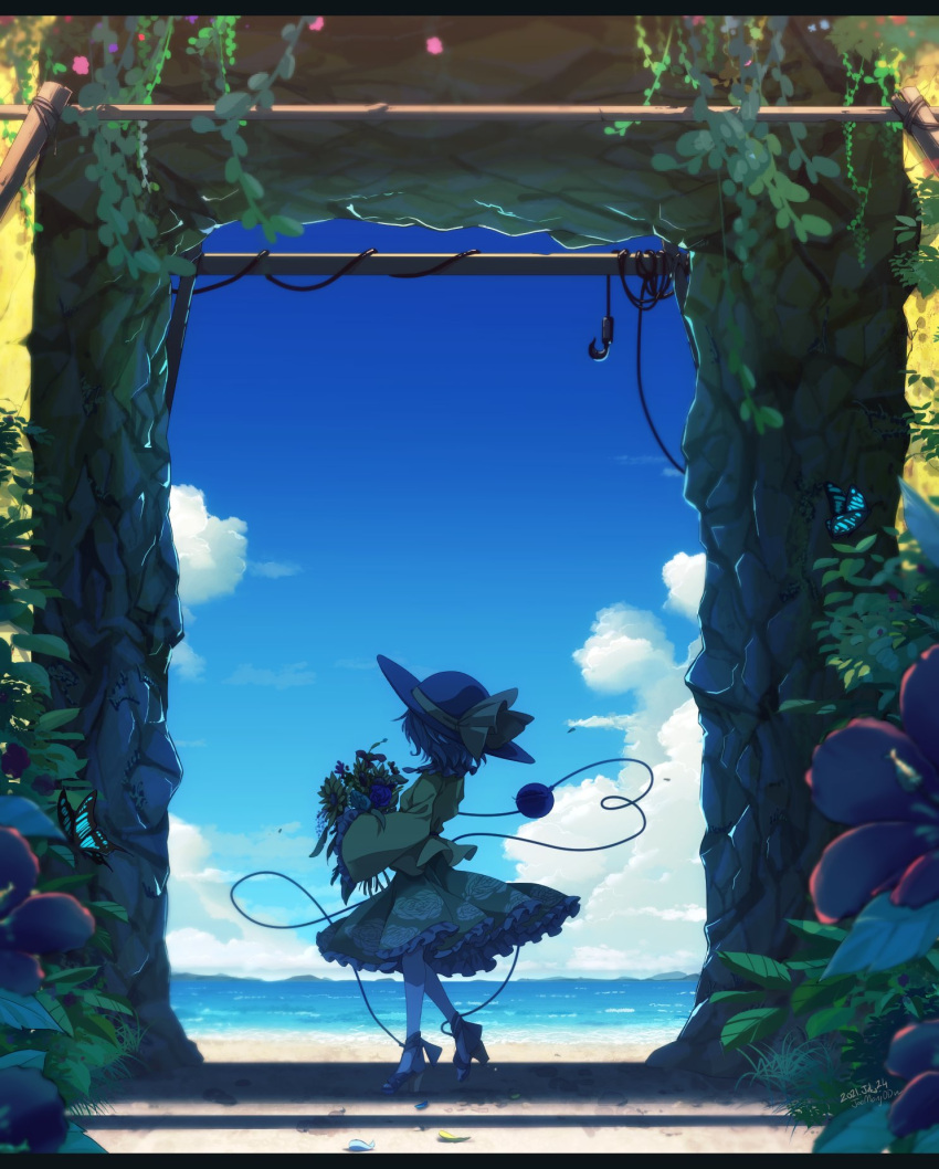 1girl beach black_headwear blouse blue_sky bouquet bow building clouds collared_shirt eyeball eyelashes floral_print flower frilled_shirt_collar frilled_sleeves frills from_behind green_eyes green_hair green_skirt hat hat_bow hat_ribbon heart heart_of_string high_heels highres hook island komeiji_koishi long_sleeves noumin_joemanyodw ocean outdoors plant ribbon rose sand shade shirt skirt sky stone string sunflower third_eye touhou tube vines wavy_hair wide_sleeves yellow_blouse yellow_bow yellow_ribbon yellow_shirt